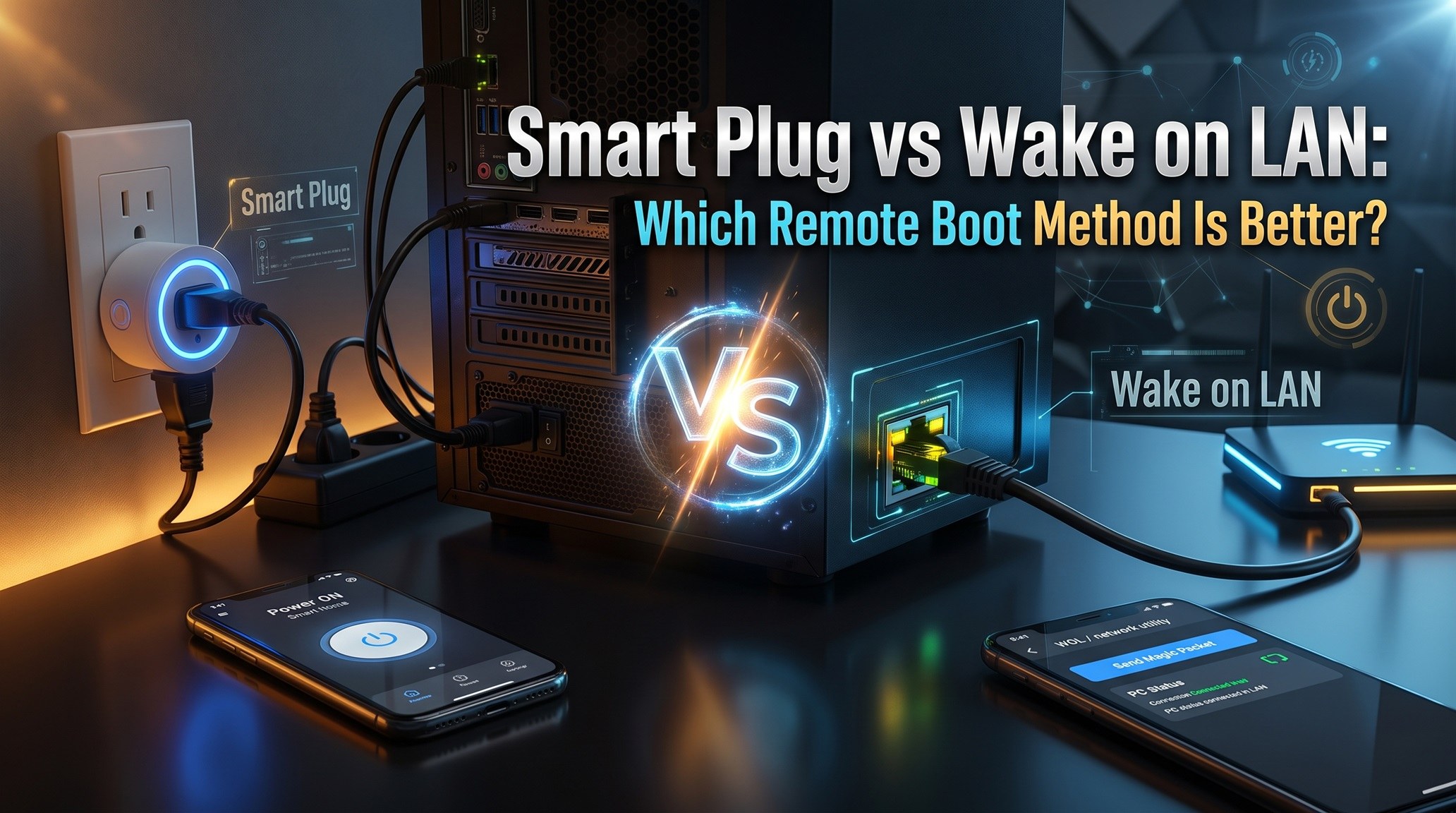 Comparison diagram illustrating smart plug vs Wake on LAN remote boot methods