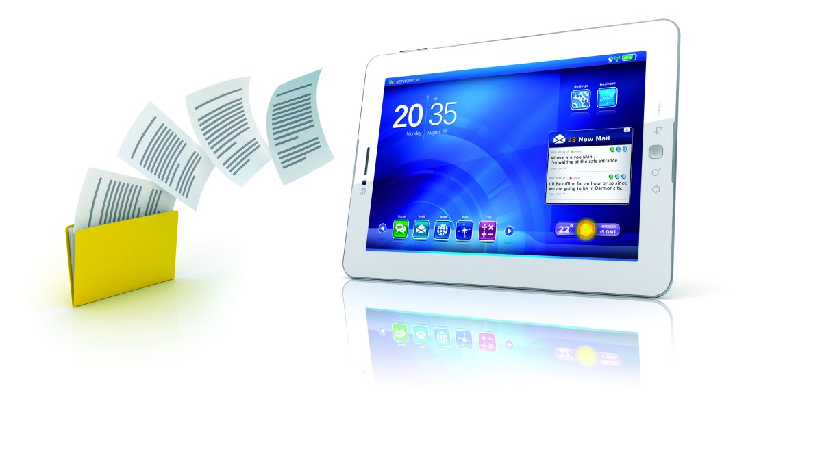 Render of a white tablet next to a folder with flying papers